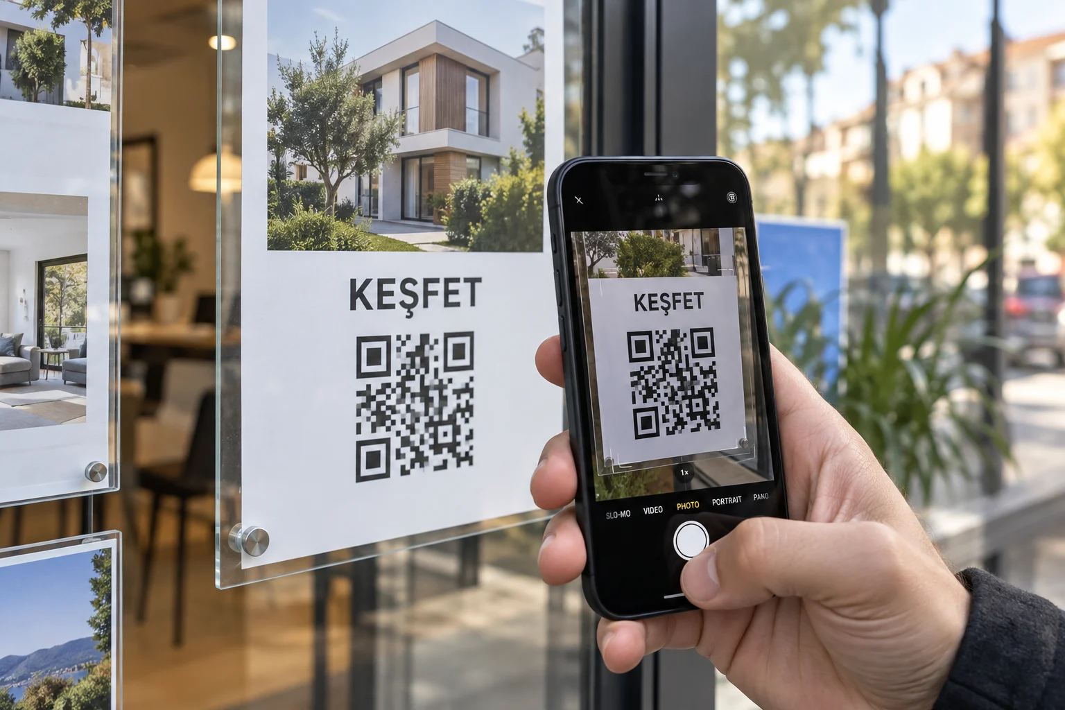 Vitrindeki QR kodundan emlak sitesine ulaşan ziyaretçi